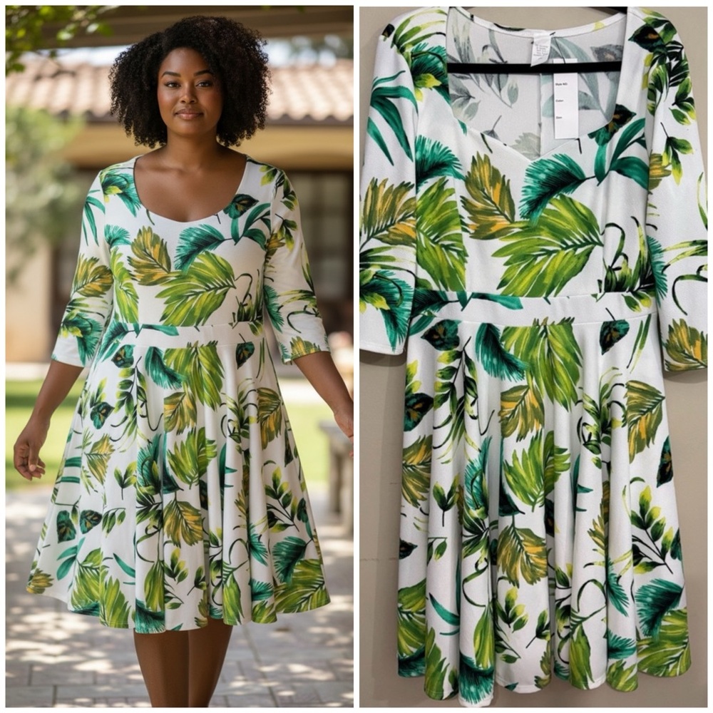 Nema Avenue Slimming Tropical Print 3/4 Sleeve Dress Slip On Women's Sz 1X NWT